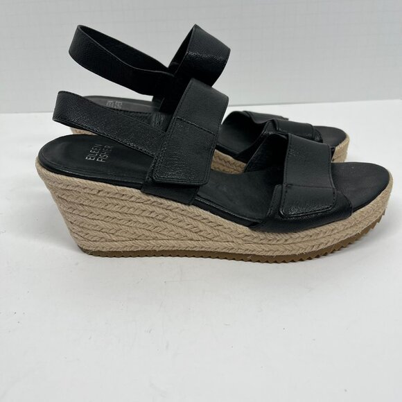 Eileen Fisher Black Leather Espadrille Strappy Sandals Sz. 7 - Picture 4 of 7